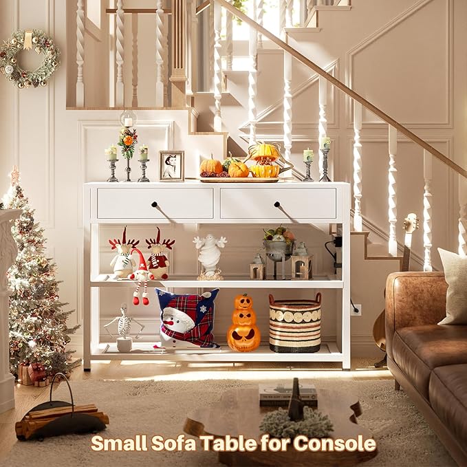 Ecoprsio Entryway Table with Outlets and USB Ports, Console Table with 2 Drawers, Small Sofa Table with Storage Shelves for Living Room, Couch, Hallway, Foyer, Kitchen Counter, 32'', White