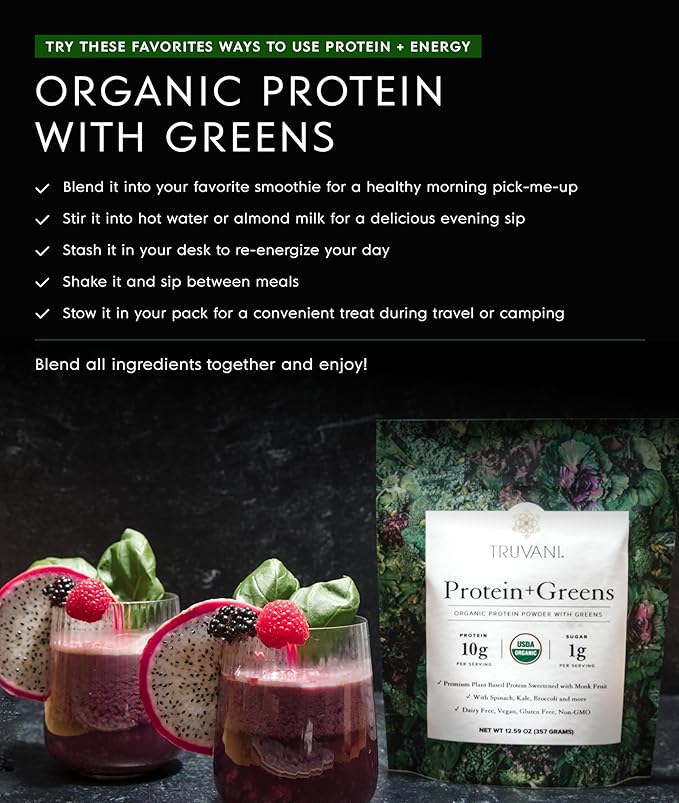Truvani Protein + Greens Supplement | Spinach, Kale & Broccoli | 10g Organic Plant Based Protein | 20 Servings | USDA Organic | Gluten & Dairy Free | Vegan | No Added Sugar