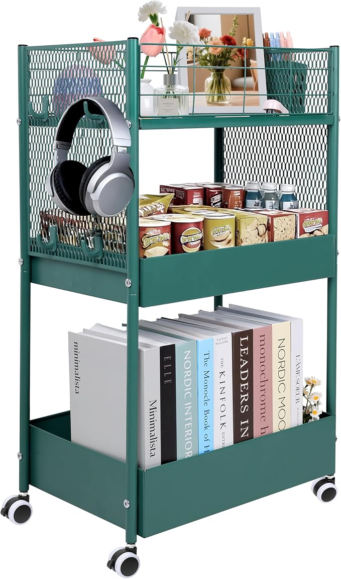 3-Tier Rolling Storage Cart Metal Utility Cart with Wheels, Office Organizer with Hanging Cups, Hooks, Book Snack Craft Mobile Shelving Unit for Office Kitchen Nursery