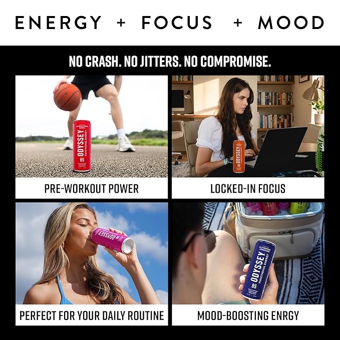 Odyssey Functional Energy Drink for Focus, Cognition & Mood Support 12 Pack - Adaptogenic Drink with 85mg Green Tea Caffeine, Lion’s Mane, Cordyceps, L-Theanine & Ginseng, Variety Pack