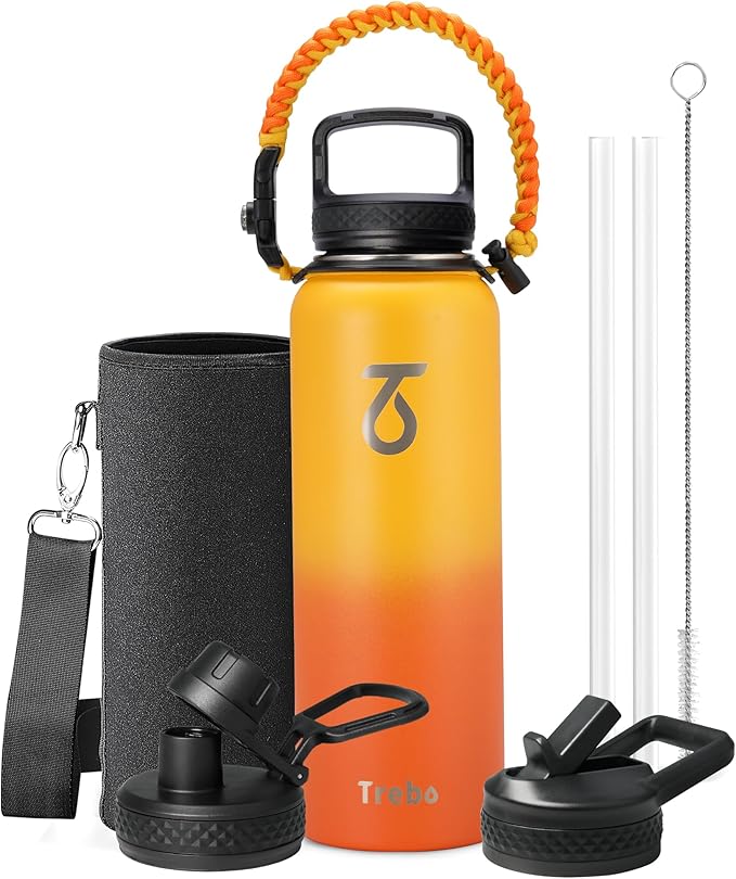 Trebo 40oz Water Bottle with 3 Lid and handle, Vacuum Insulated Stainless Steel Metal Outdoor Leakproof BPA-Free Flask, Keep Cold 48 Hours Water Jug, Best Gift for Men Women Holiday, Orange
