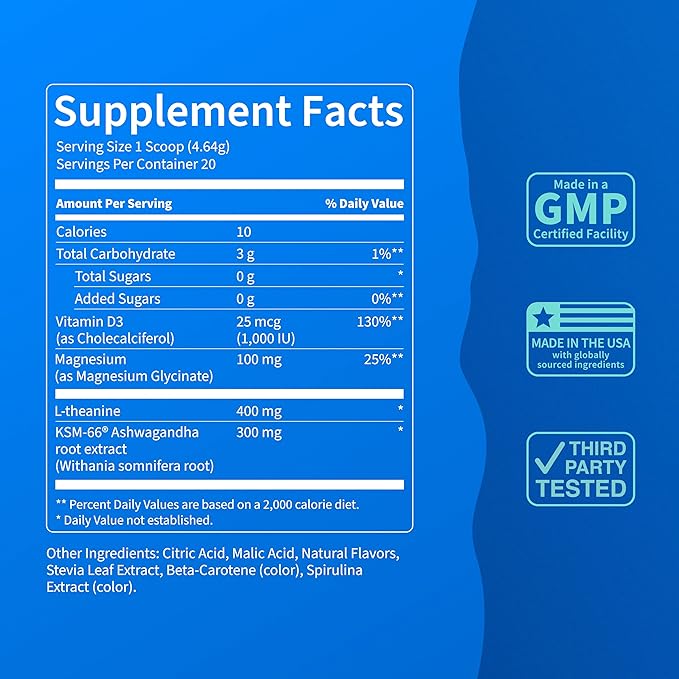 Nello Supercalm Powdered Drink Mix Tub, Cortisol Reducer* and Sleep Aid Supplement, L Theanine, Ksm-66 Ashwagandha, Magnesium Glycinate, Vitamin D 3, No Sugar, Non GMO, 30 Ct, Cucumber Lime