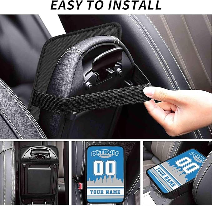 Custom Detroit Car Armrest Covers Personalized Football Style with Name Number Customized Auto Center Console Pad Car Handrail Box Cushion for Most Vehicle Decor Accessories, Fans Gift