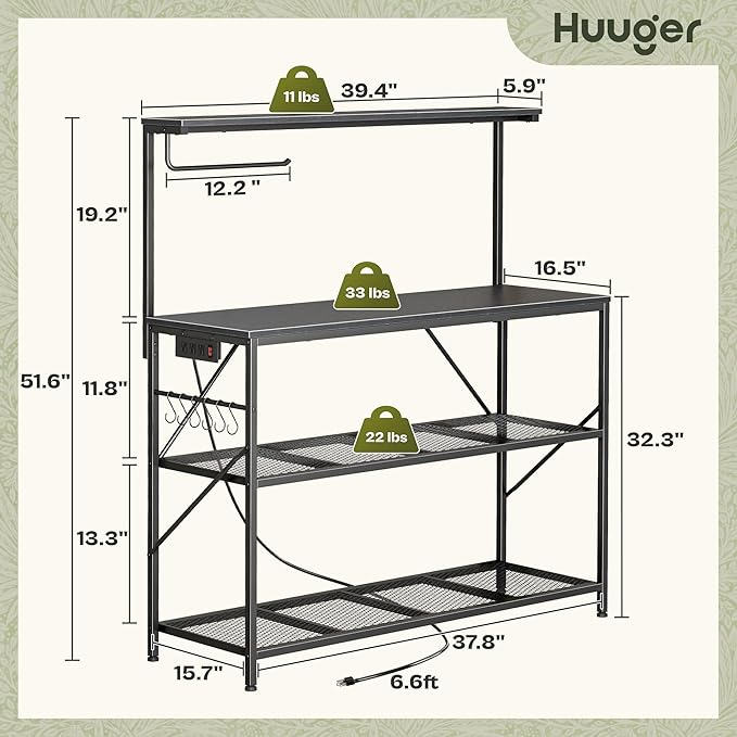 Huuger 4-Tier Bakers Rack with Reversible Power Outlet, 39.4 Inch Microwave Stand, Kitchen Coffee Bar, with Top Shelf, 6 S Hooks, Black