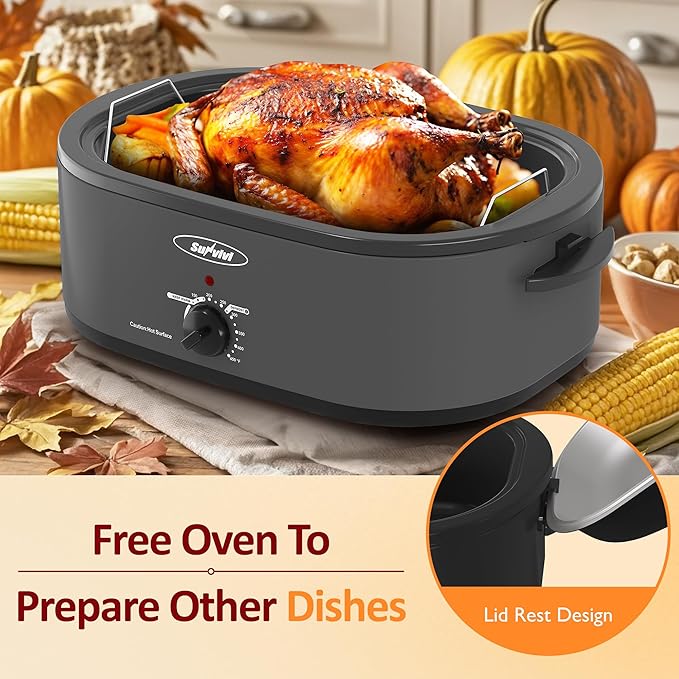 Sunvivi Electric Roaster,20 Quart Roasting Oven with Self-Basting Lid Removable Pan,Turkey Roaster Oven with 150 to 450F Temperature Control Cool-Touch Handles,Grey