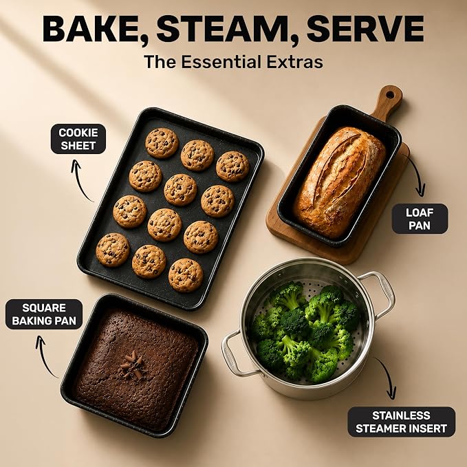 GRANITESTONE 20 Pc Complete Pots and Pans Set Non Stick Cookware Set with Saute Pan, Bakeware, Steamer, Cooking Utensils, Made Without PFOA PFOS, Oven and Dishwasher Safe