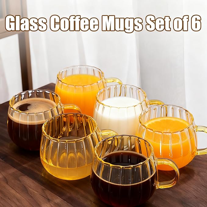 Viovian 12oz Clear Glass Coffee Mugs Set of 6 Ribbed Coffee Cups With Handles Modern Cute Glass Tea Mug Cup for Hot Beverage/Cappuccino/Latte/Cereal/Yogurt/Mocha/Milk