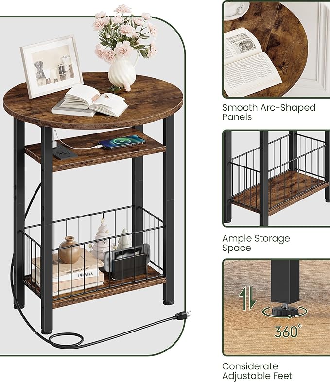 Folding Side Table, Side Table with Charging Station, 3-Tier Narrow End Table with Folding Top, Round Side Table for Small Spaces, for Living Room, Bedroom, Rustic Brown TBZ10UBF