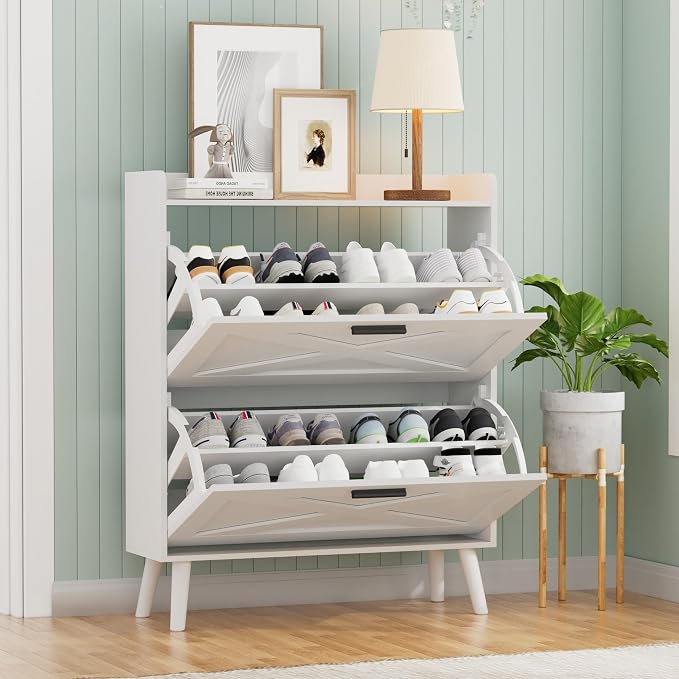 Homleke 32" W Farmhouse Shoe Storage Cabinet with 2 Flip Drawers and Barn Door Design, Adjustable Shelves, Modern Hidden Slim Narrow Shoe Rack Cabinet for Entryway, Foyer, Hallway, Living Room, White