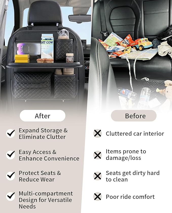 Car Seat Organizer, Backseat Car Organizer with Foldable Table Tray & Cup Holder - Leather Car Backseat Organizer for Kids, Women, Road Trip Essentials for SUVs, Trucks and Cars (Black)