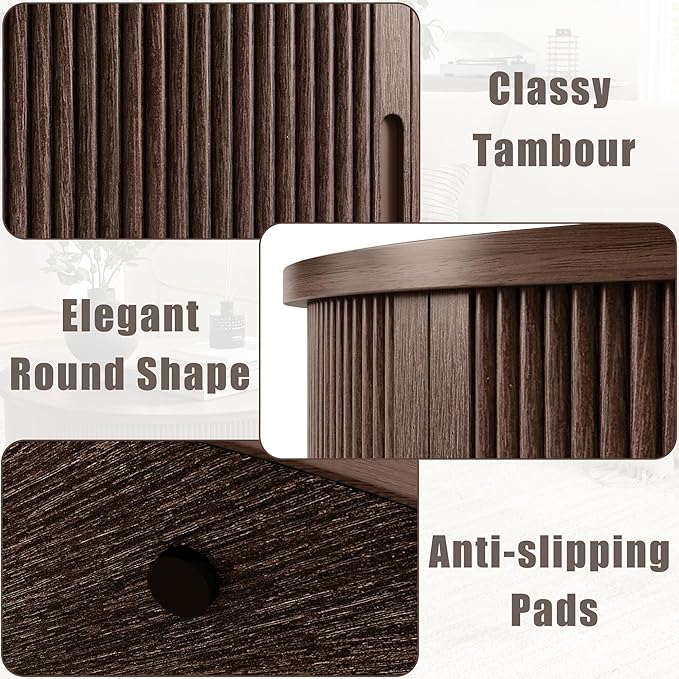 LINSY HOME Round Coffee Table, 31.5" Drum Coffee Table with Sliding Tambour Door, Fluted Accent Center Table with Storage, Mid Century Modern Coffee Table for Living Room, Walnut