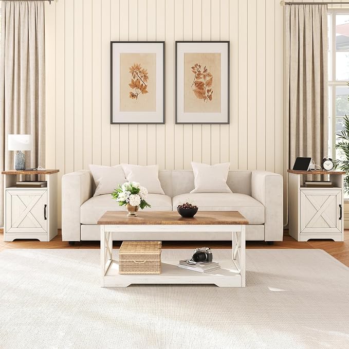 AMERLIFE 3-Piece Farmhouse Living Room Table Set with Coffee Table & 2 End Tables, Charging Station & USB Ports, Distressed White