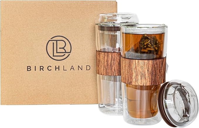 All Glass Double Wall 14 oz Coffee Cups, Set of 2, Pure Glass Lid, Silicone Grip