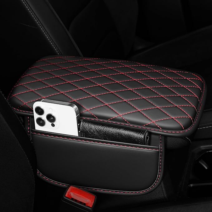 Center Console Cover for Acadia: Armrest Cover for Car with 2 Storage Bags - Scratch & Wear Resistant & Waterproof Leather Console Cover,Anti-Scratch Auto Armrest Pad Accessory （Black&Red