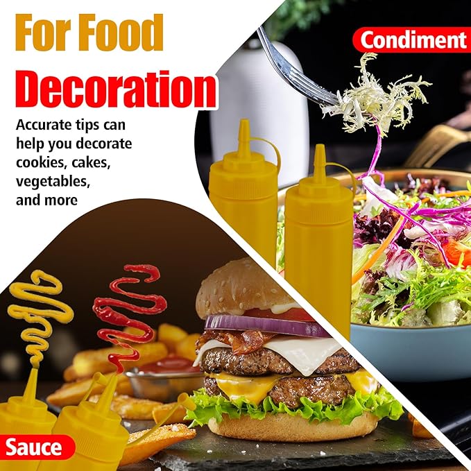 Squeeze Bottles for Sauces,Leak-Proof Condiment Dispenser, BPA-Free Kitchen Restaurant Squeeze Bottle Set with Wide Mouth for Ketchup, Mustard,Syrup,Dressings (Yellow, 6Pack-32oz(900ml))