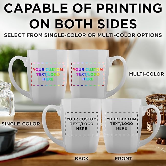DISCOUNT PROMOS Custom Curved Java Coffee Mug 12 oz. Set of 10/50/100 - Personalized Bulk Pack - Stoneware Restaurant Cups - White