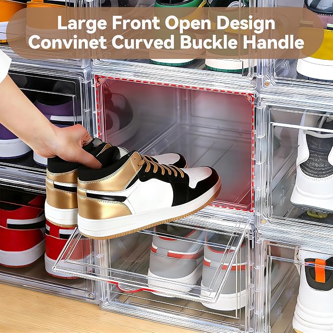 BVBOX 12 Pack Acrylic Shoe Storage Boxes with Magnetic Door - 360° Clear Stackable Shoe Display Box Set, Plastic Shoe Cabinet Rack Box for Sneakers Heels Shoes (12, Clear, L - Front Open)