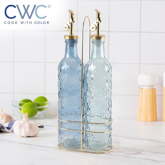 COOK WITH COLOR Glass Olive Oil Bottle Dispenser - 2 Pack- 17oz Oil and Vinegar Cruet - Olive Oil Carafe Decanter for Kitchen, Floral, Blue