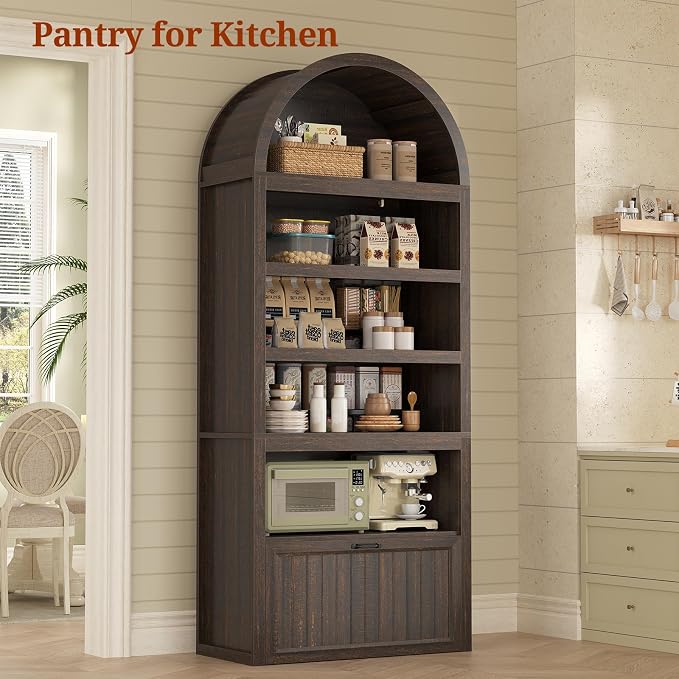 81" Tall Arched Cabinets,Bookcase with Drawer storage,Mid-Century Modern 5-Tier Bookshelf,2 Book Risers and Adjustable Shelves offering more storage space for Living Room,Kitchen,Home Office,Walnut