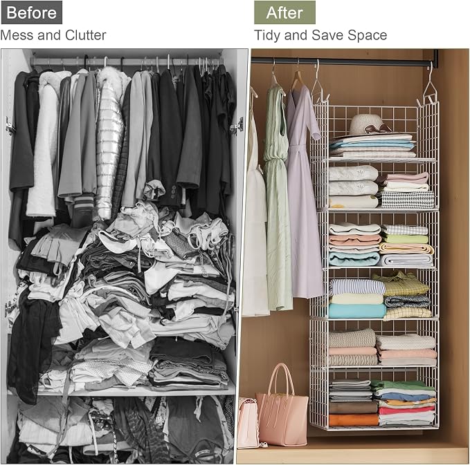 X-cosrack 8-Tier Closet Hanging Organizer Shelf - Hanging Clothes Organizer Shelves, Metal & Foldable Hanging Closet Organizer Baskets with Adjustable Dividers for Clothing Sweaters Shoes Handbags