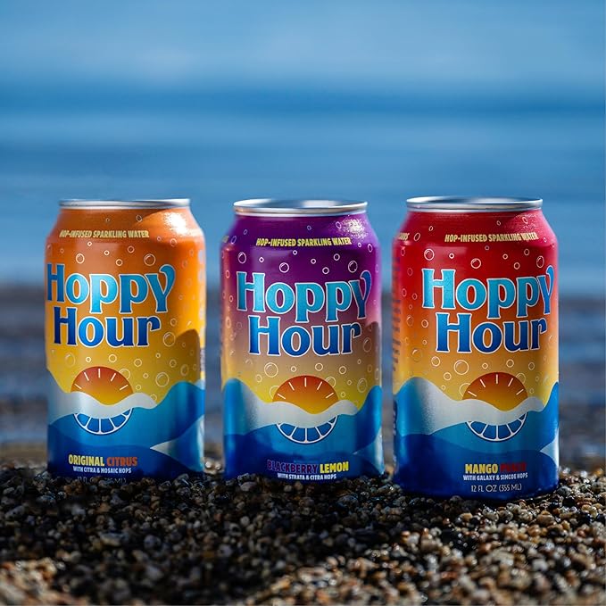 Hoppy Hour Sparkling Hop Water, Non-Alcoholic and Adaptogens Drink, Zero Sugar and Calories, Refreshing Mango Peach Flavor, 12 oz Cans (12-Pack)