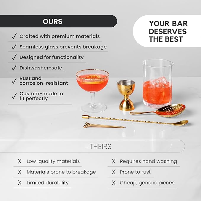 A Bar Above 10 Piece Cocktail Mixing Glass Set, Lead Free Cocktail Set with Mixing Glass, Bar Spoon, Julep Strainer, Bell Jigger and Picks, Bar Accessories, Ideal for Martinis, Whiskey and Negronis