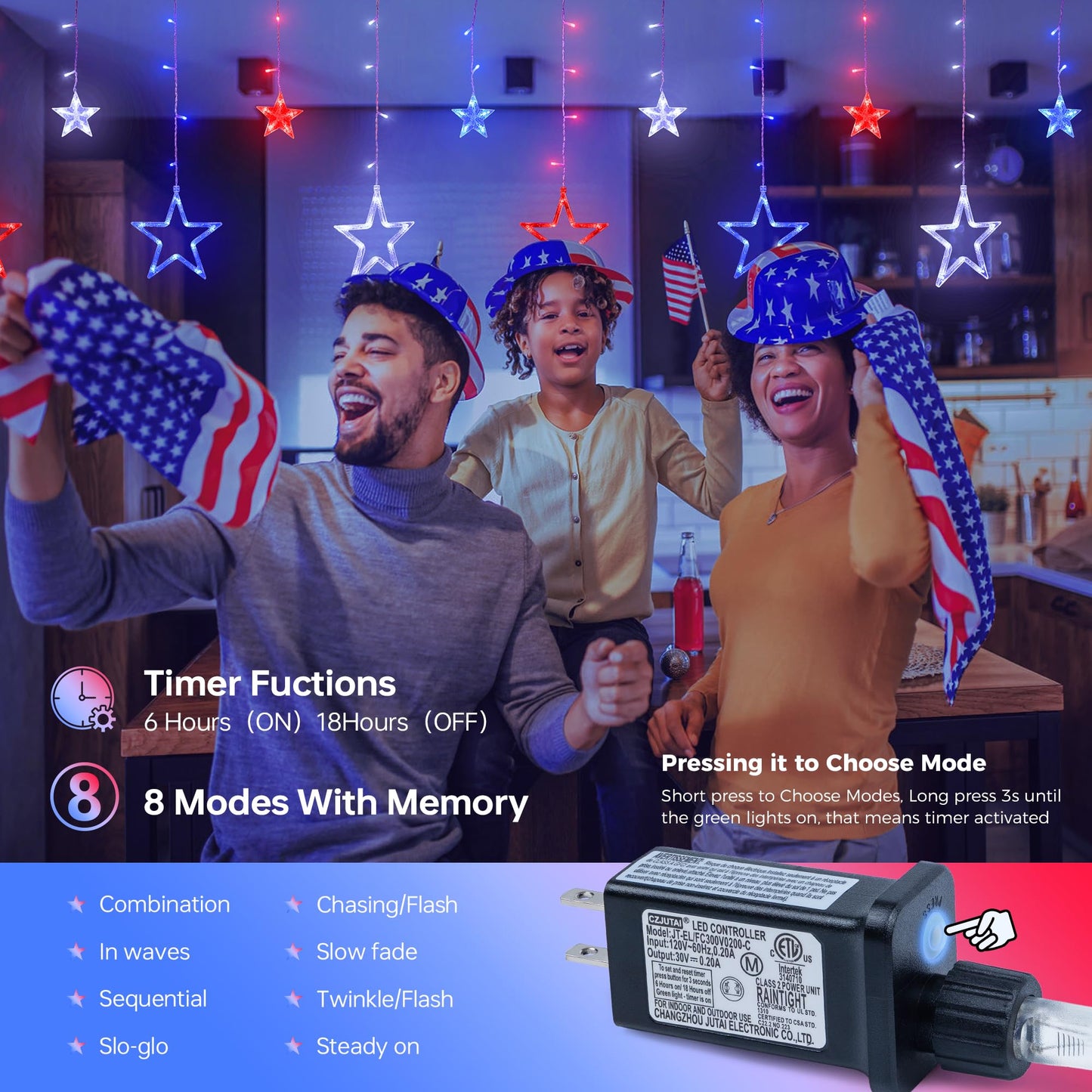 MYGOTO Patriotic Star Icicle Lights, 8.2ft 126LED, Waterproof, 8 Modes, Red White Blue, Model QX-U-O-I-126-1-RWB