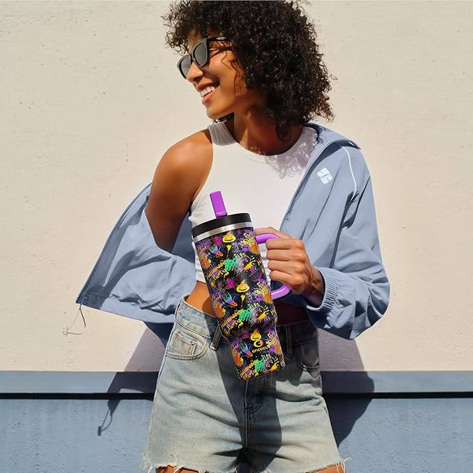 ENCOOL 40 oz Tumbler with Handle and Straw: Stainless Steel Insulated Tumbler Keeps Cold for 24 Hours, Leakproof Travel Cup Fits in Cup Holder and BPA-Free, Ghost Party
