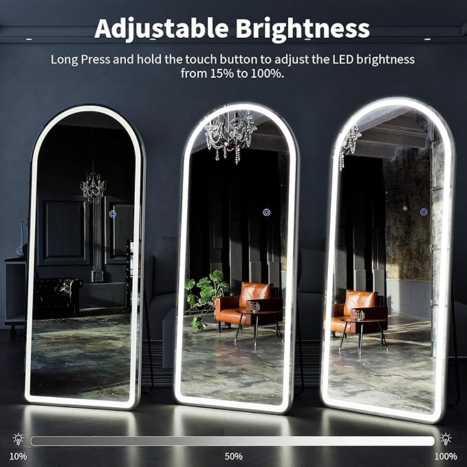VooBang 71"x26" LED Mirror Full Length - Arched Floor Body Mirror Rounded Corners with Dimmable Lights - 3 Color Modes, Standing Leaning Wall Mounted for Bedroom, Dressing Room