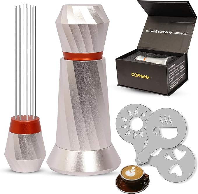 WDT Tool Espresso – Professional Espresso Stirrer Tool – Premium Aluminum Espresso Distributor– Espresso Distribution tool replaceable S.S Needles – coffee stir with prime gift box–SILVER