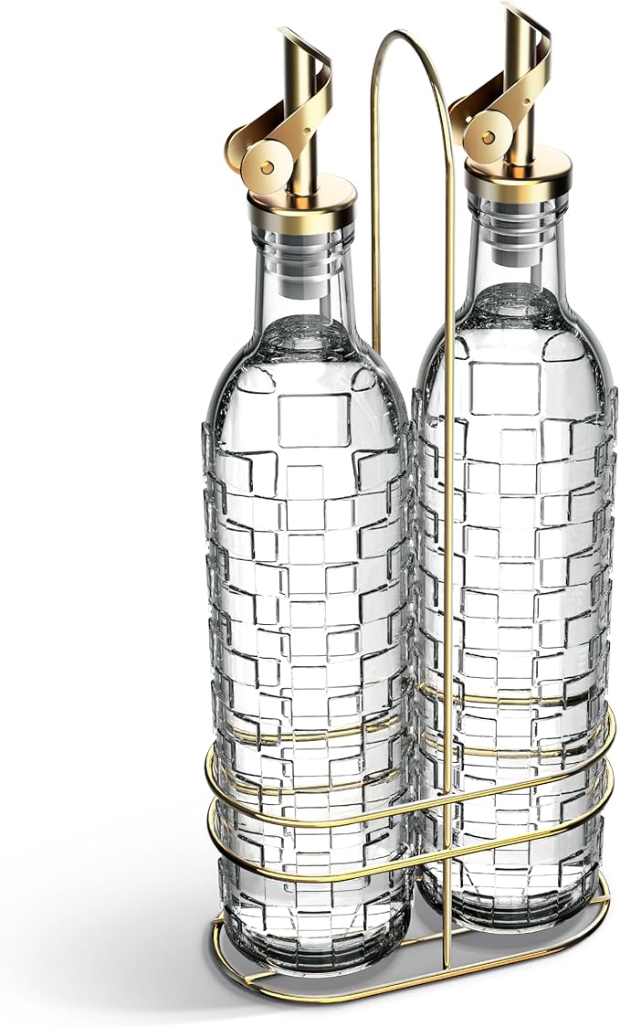 COOK WITH COLOR Glass Olive Oil Bottle Dispenser - 2 Pack- 17oz Oil and Vinegar Cruet - Olive Oil Carafe Decanter for Kitchen, Checkered, Clear