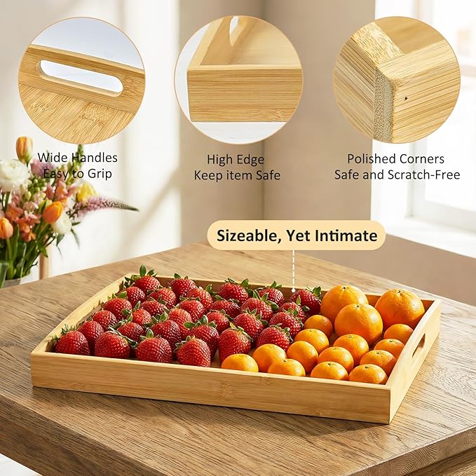Bamboo Serving Tray with Handles, Set of 2 Large Wood ServingTrays for Food & Coffee, Elegant Wooden Tray for Breakfast in Bed, Kitchen & Party