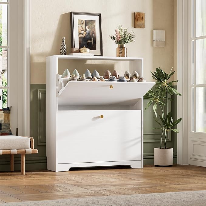 Nicetree Shoe Cabinet with 2 Flip Drawers, Narrow Shoe Organizer Cabinet, Freestanding Shoe Rack Cabinet, Modern Shoe Storage Cabinet for Entryway, Hallway, Foyer, White