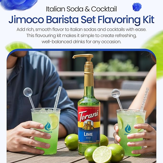 Jimoco Barista Set – Torani Lime & Blue Raspberry Syrups (25.4 oz Each) with 2 Jimoco Syrup Pumps, Reusable Cups, Straws & Stirrers – Coffee, Italian Soda & Cocktail Flavoring Kit