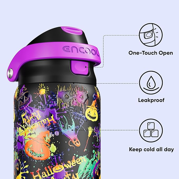 Encool SwiftSip Insulated Stainless Steel Water Bottle with Straw - Leak Proof Sports Water Bottle for School, Travel, Keeps Cold All Day, One-Touch Flip Lid, BPA-Free, 32 oz, Ghost Party