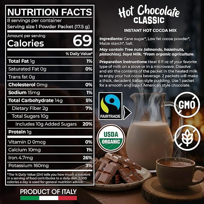 Cafe Garibaldi Premium Hot Chocolate Classic - Organic Instant Cocoa Mix with Cocoa Powder, Fair Trade Gluten-Free & GMO-Free 8 Servings x 0.62oz Packets, Ideal Italian Hot Chocolate Gift
