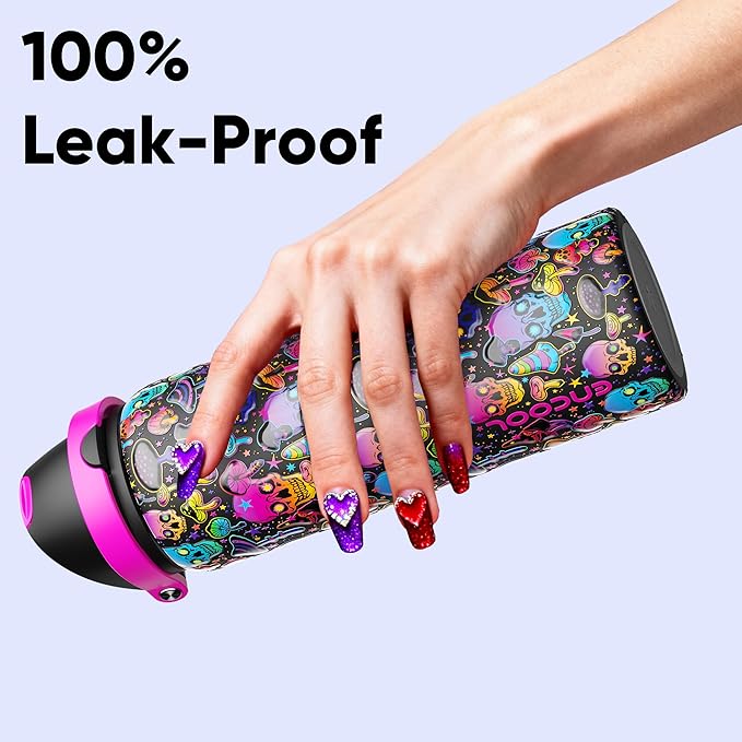 Insulated Water Bottle with Straw - Encool Stainless Steel Water Bottle with Push Button Lid, Leak-Proof & BPA-Free, Keeps Cold for 24 Hours for Sports, Travel, Gym (32 oz, Trippy Skulls)