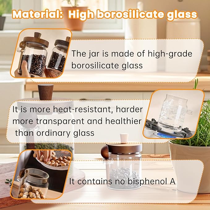 Glass Coffee Bean Storage Container, Wood Lid with Spoon, Airtight Silicone Seal, BPA-Free (550ML/18.6OZ)
