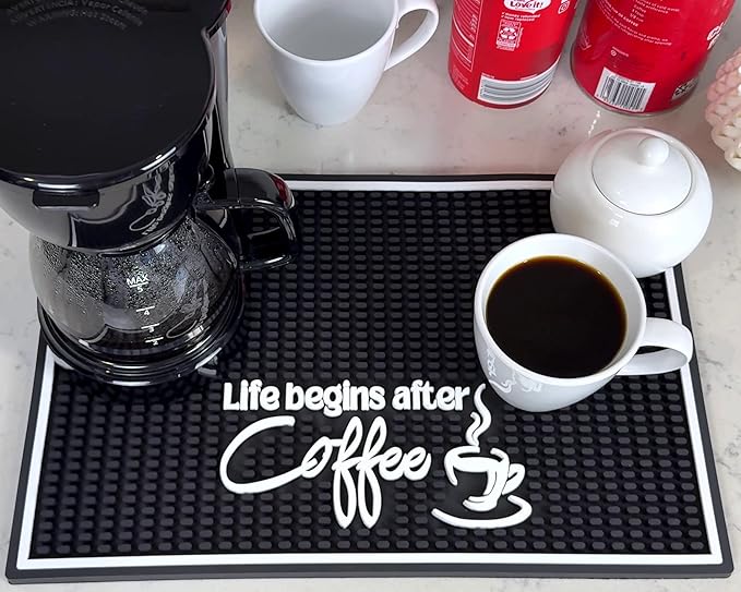Life Begins After Coffee Bar Mat Sign for Countertop, 18x12 Coffee Machine Mat, Barista Shop Essentials for Your Station, Espresso Machine Protection for Countertop, Silicone Mats for Kitchen Counter
