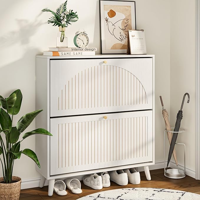 Fsbecl Shoe Storage Cabinet for Entryway with 2 Flip Drawers, Narrow Wood Shoe Cabinet with Fluted Panel, Freestanding Hidden Shoe Organizer for Foyer, Hallway (White - with Shelf)
