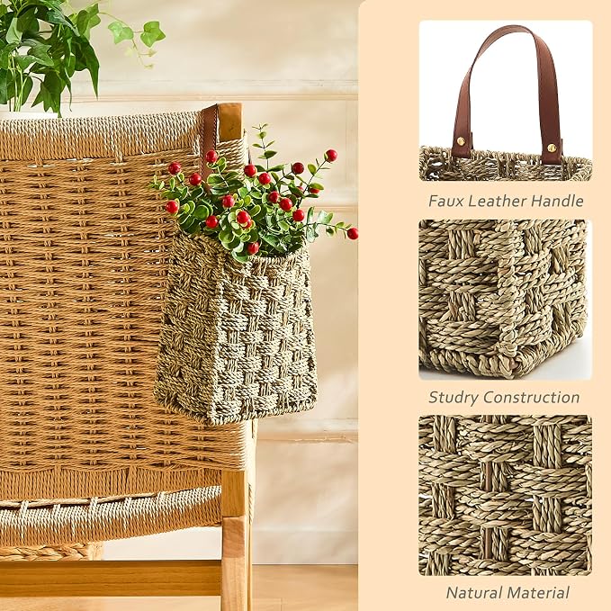 Wall Hanging Pocket Basket Portable Seagrass Storage Basket Decorative Boho Mounted Organizer Dried Flower Plants Front Door Basket for Garden Farmhouse Home