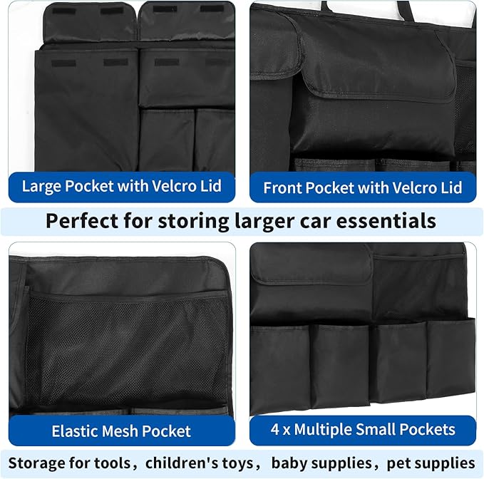 Car Trunk Organizer, Backseat Hanging Organizer with Storage Pockets for SUV, Truck, Van, Collapsible Trunk Organization for Car Accessories (Black, 43" x 18.5")