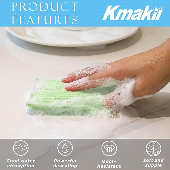 KMAKII Bamboo Kitchen Sponges Dish Sponge Super Absorbent Natural Dish Sponges, Green, Pack of 6