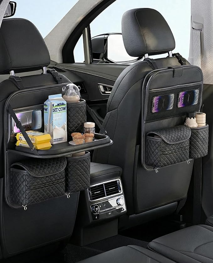 Car Seat Organizer, Backseat Car Organizer with Foldable Table Tray & Cup Holder - Leather Car Backseat Organizer for Kids, Women, Road Trip Essentials for SUVs, Trucks and Cars (Black)