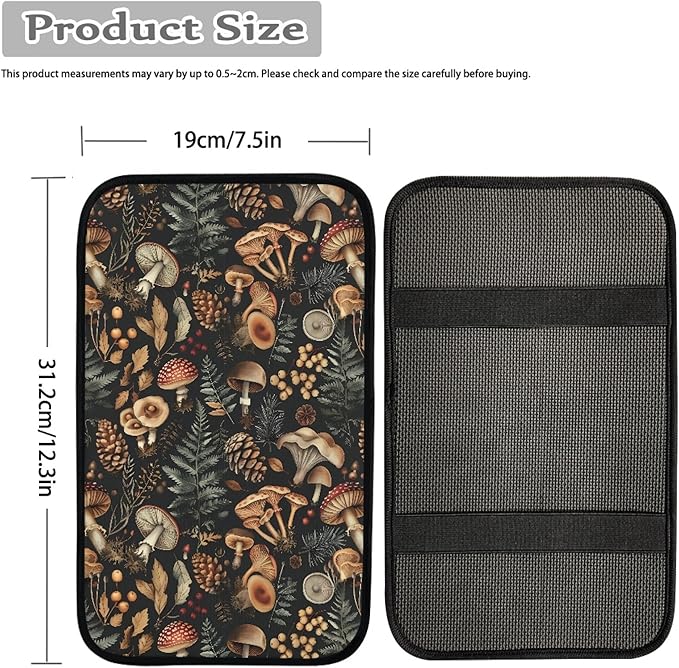 Mushroom Leaves Print Car Center Console Cover,Auto Armrest Cover Pads for Women Girls,Mushroom Car Accessories
