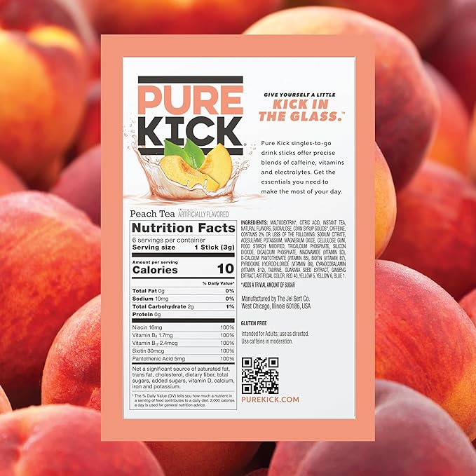 PURE KICK Energy Singles To Go Drink Mix, Peach Tea, Includes 12 Boxes with 6 Packets in each Box, 72 Total Packets