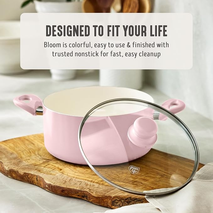 GreenLife 5 Quart Nonstick Stock Pot with Lid, Non-Toxic Ceramic Pot, Dishwasher Safe, Induction Ready, Fast Heating, Stay-Cool Handles, Kitchen Casserole, Soup, Pasta, Easy Clean, Blush Pink