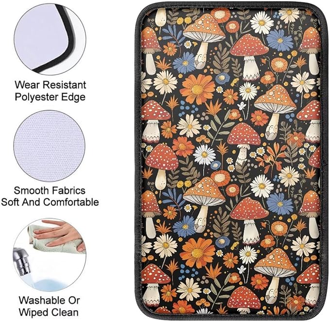 Cute Mushroom Auto Armrest Console Cover Arm Rest Cover Car Soft Car Console Covers Protect from Pet Claws for Most Vehicle, SUV, Truck, Cars