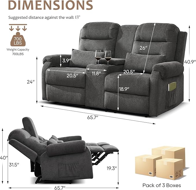 DRMBOOK RV Loveseat Recliner Sofa with Console, Flax Velvet Double Wall Hugger Reclining Couch Manual Home Movie Seating 2 Person Recliner Chair with Cup Holders/Storage/Pocket/Lumbar Pillow, Grey