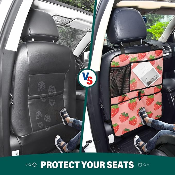JIPONI Car Backseat Organizer, Strawberrys Pink Automotive Back Seat Protector, Kick Mats with Storage Pockets for Kids Pets, Road Trip Accessories